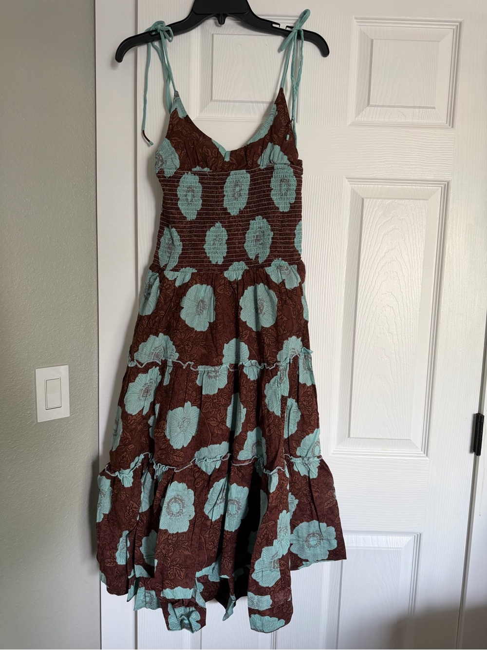 Free People Brown and Aqua Floral Tie-Strap Midi Dress